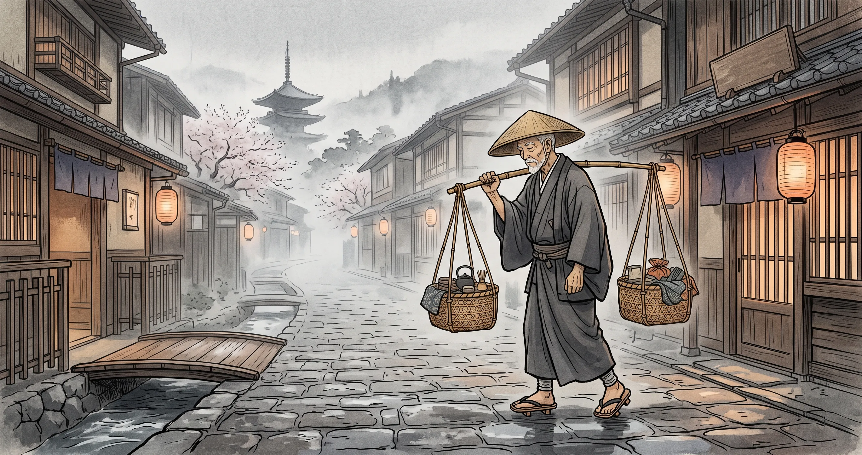 Illustration of Baisaou the Tea-Selling Hermit carrying his portable tea equipment through the misty streets of Edo-period Kyoto