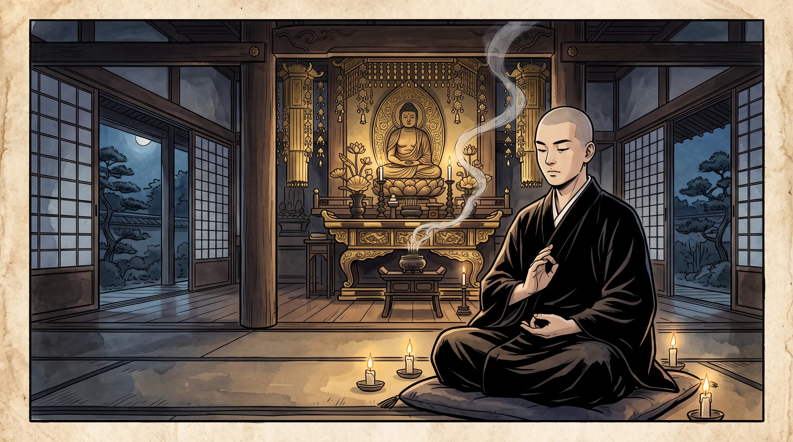 Illustration of young monk Gekkai meditating alone in a Zen temple hall by candlelight