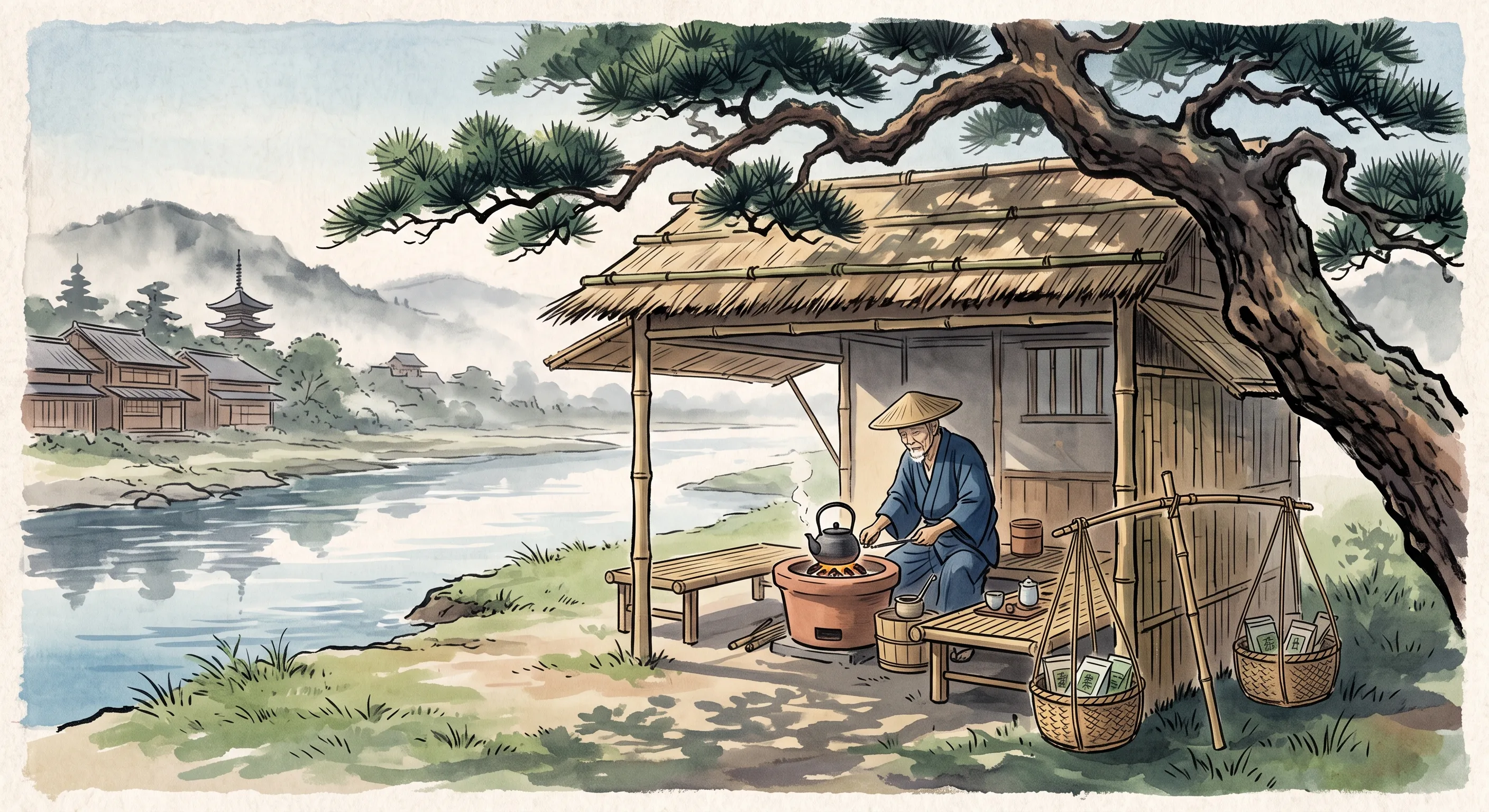 Illustration of Baisaou's portable tea stall Tsūsen-tei set up under a pine tree beside the Kamo River in Kyoto