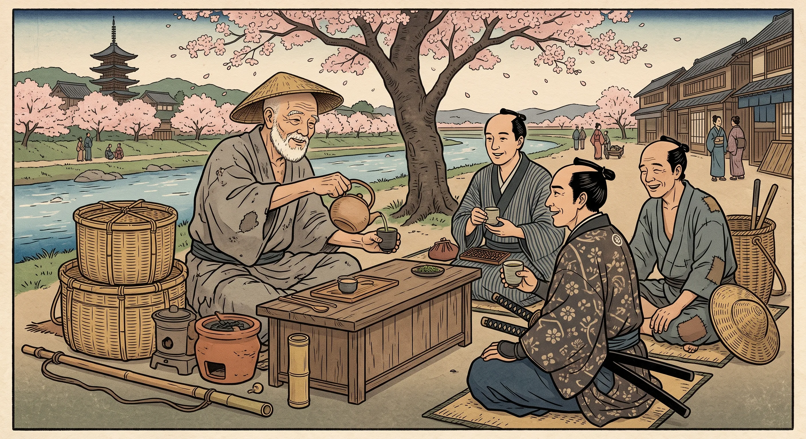 桜の下、武士・町人・農民に分け隔てなく茶を振る舞う売茶翁のイラスト