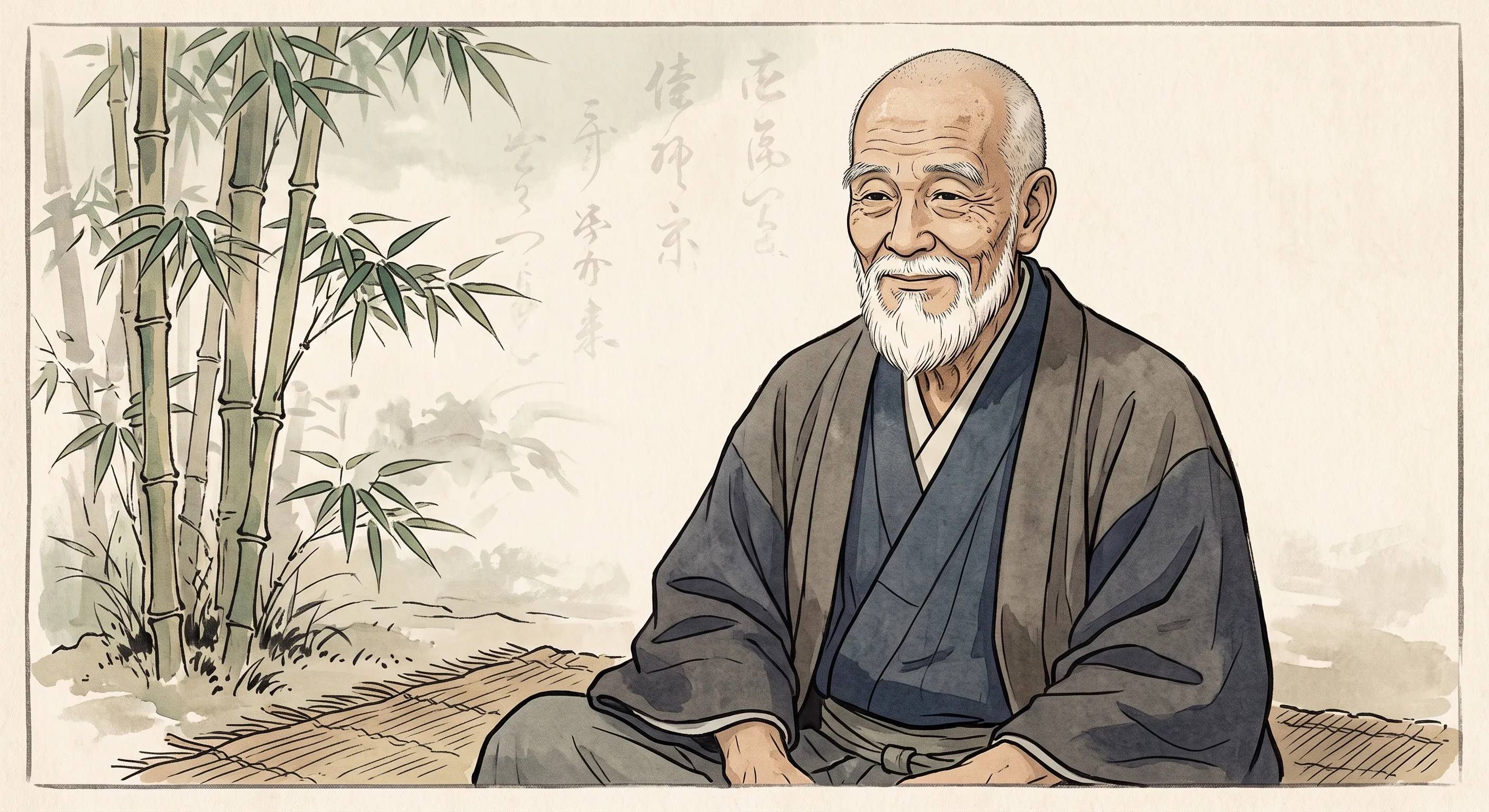 Portrait illustration of the elderly Baisaou seated in front of bamboo, with a calm and slightly amused expression