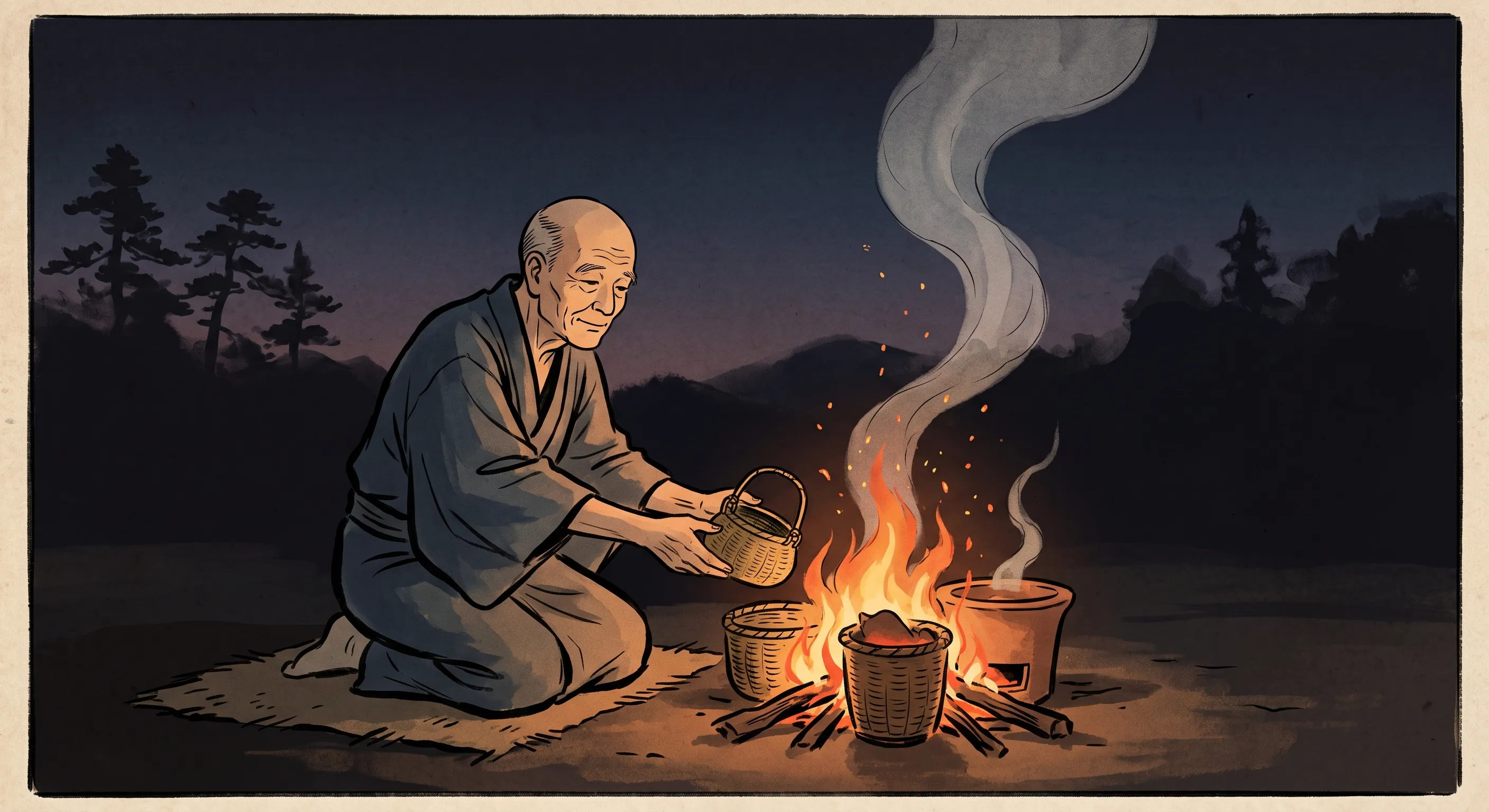 Illustration of the elderly Baisaou kneeling beside a bonfire at dusk, placing his beloved tea utensils into the flames with a calm expression