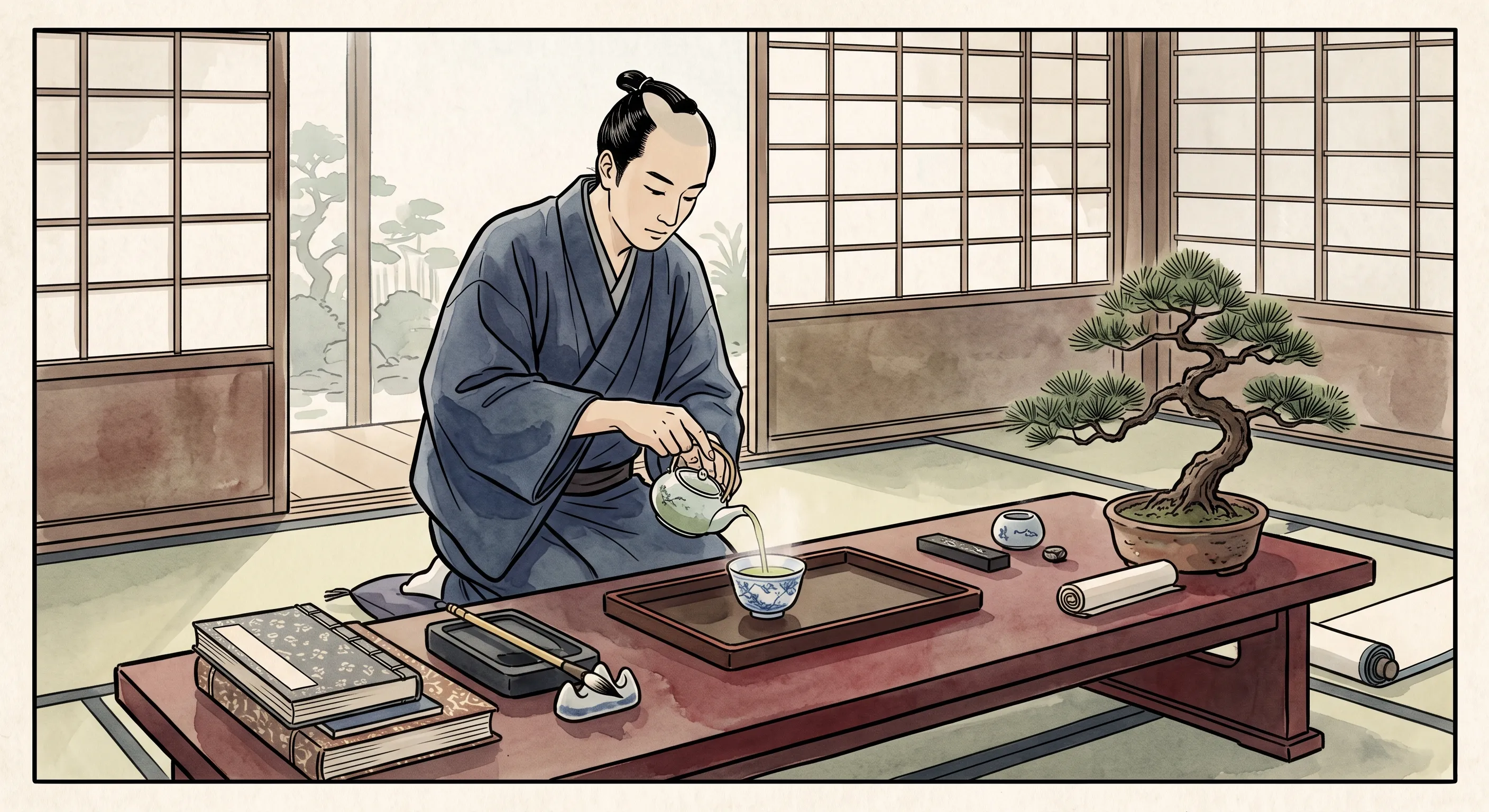 Illustration of a refined sencha tea setting in a scholar's study — the world of bunjin sencha that Baisaou inspired