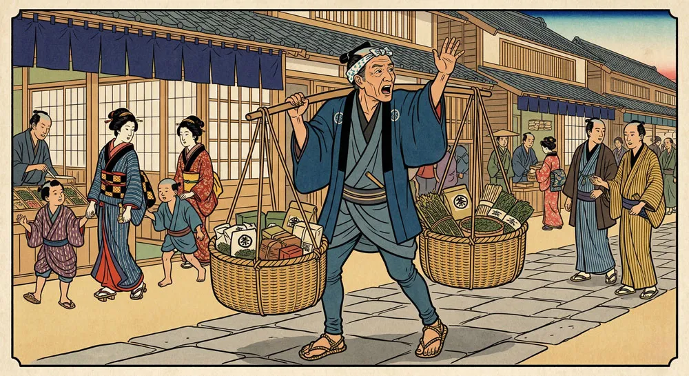 天秤棒を担いで江戸の街を歩くお茶の棒手振りのイメージイラスト