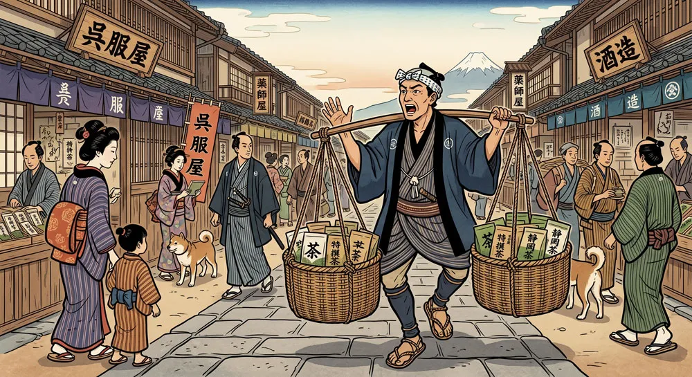 天秤棒を担いで江戸の街を歩くお茶の棒手振りのイメージイラスト