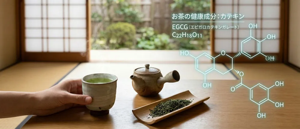 カテキンの化学記号とお茶の写真。緑茶の茶葉と湯呑を背景に、EGCGなどカテキンの分子構造式を組み合わせたイメージ