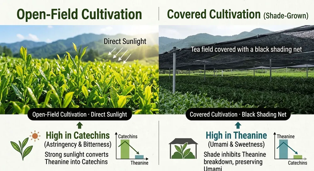 Comparison of open-field and shade cultivation. Left: a green tea field in direct sunlight (open-field, higher catechin). Right: a tea field covered with black shade netting (shade-grown, higher theanine). An infographic with arrows and text showing each method's compound characteristics.