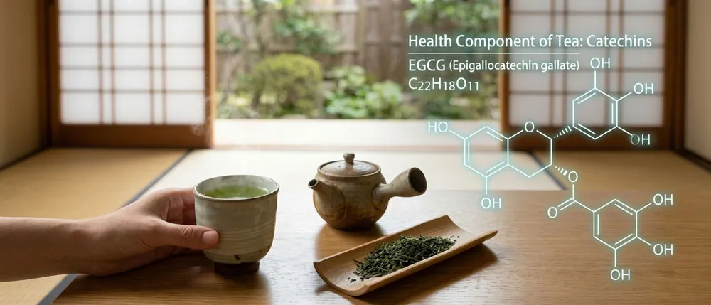 An image combining green tea leaves and a teacup with the chemical structures of catechins such as EGCG