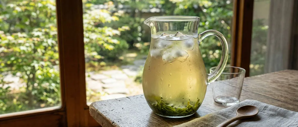 水出し緑茶が入ったガラスのピッチャー。淡い黄金がかった緑色で、氷が浮かび、底には新鮮な緑茶の葉が少しだけ見える。