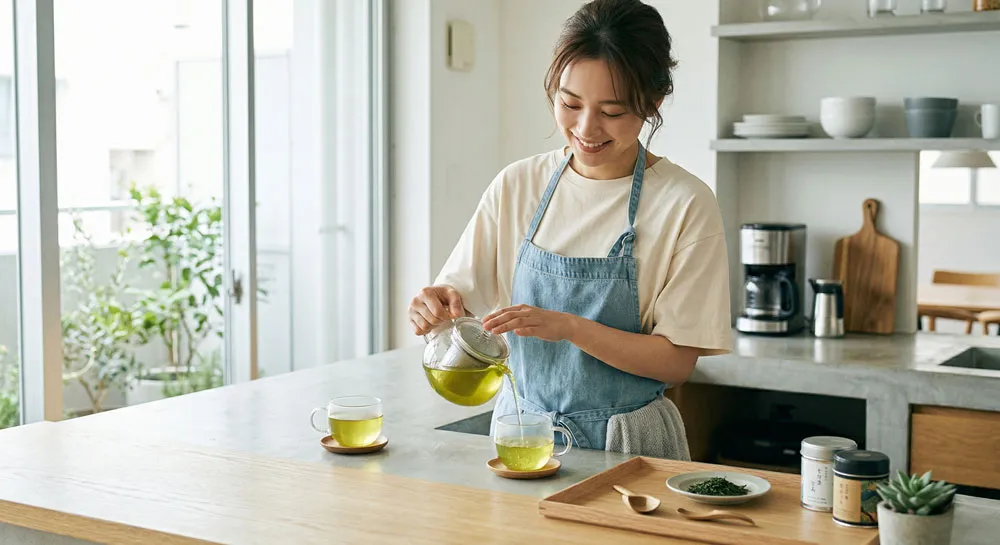 カジュアルな服装の若い日本人女性が明るいモダンなキッチンカウンターでガラスのカップに日本茶を注いでいるライフスタイル写真