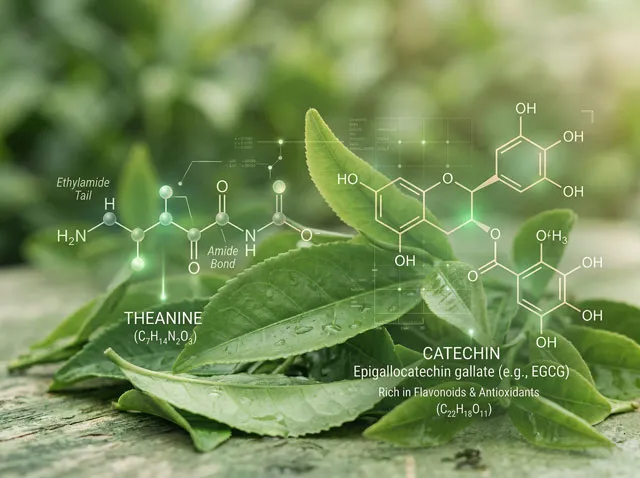緑茶の葉のクローズアップに、テアニンとカテキンを示す分子構造の重ね合わせイラスト