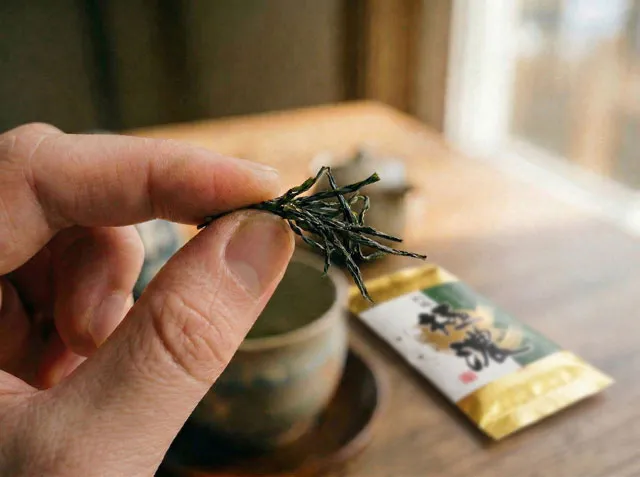 指で茶葉のしなりと弾力を確認している手元のアップ