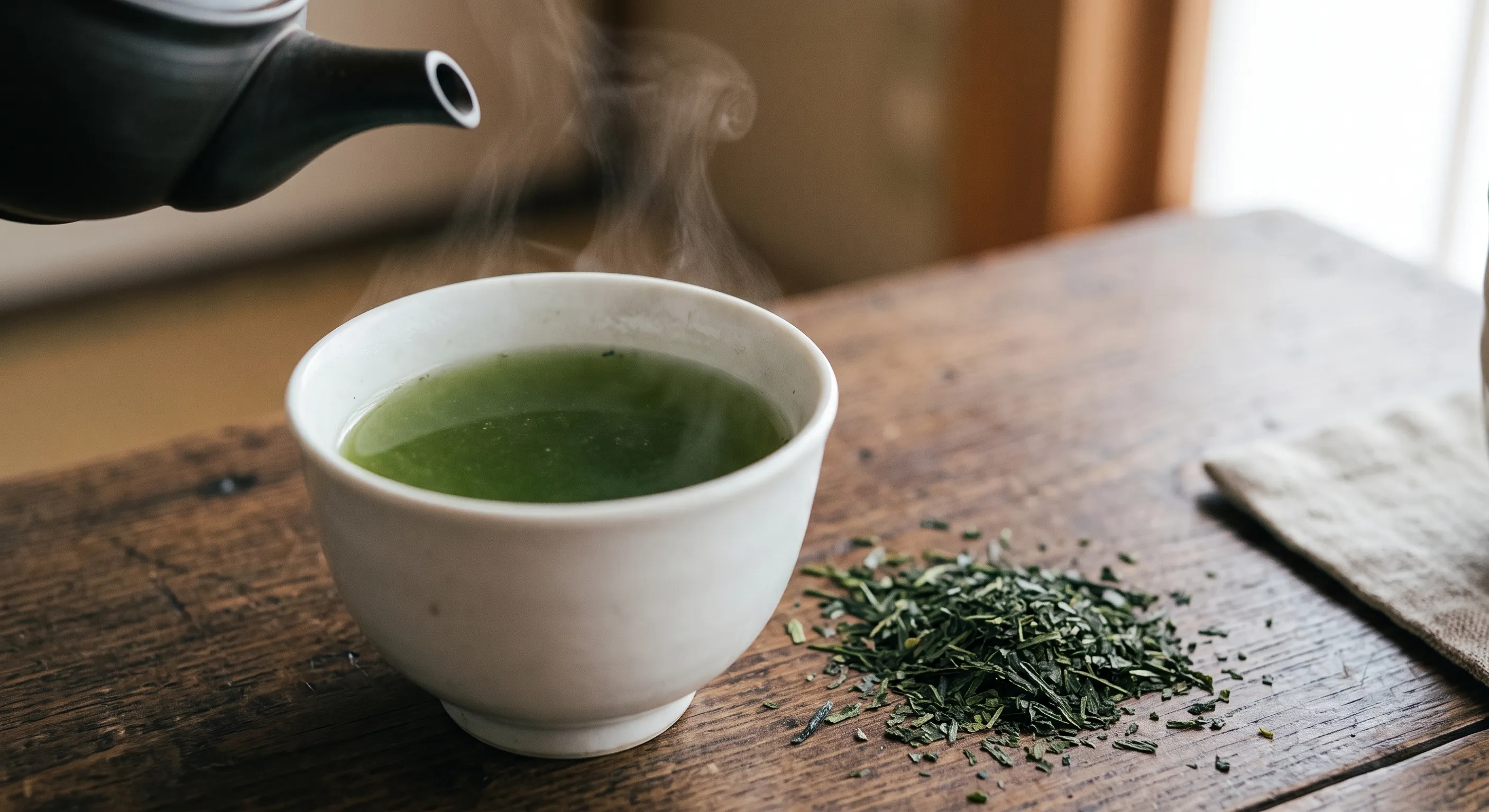 A cup of freshly brewed deep-steamed green tea (fukamushicha), showing its deep jade-green color and slight cloudiness, with loose finely broken tea leaves beside the cup