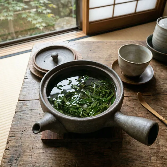 水出し緑茶に使う平型急須と茶葉