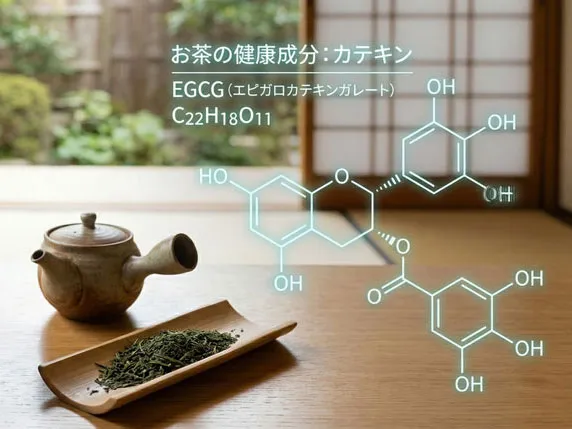 緑茶の茶葉のクローズアップとカテキンの分子構造をオーバーレイしたイメージ