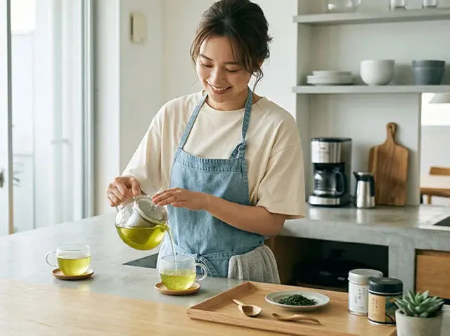 カジュアルな服装の若い日本人女性がモダンなキッチンで急須からお茶を注いでいる様子