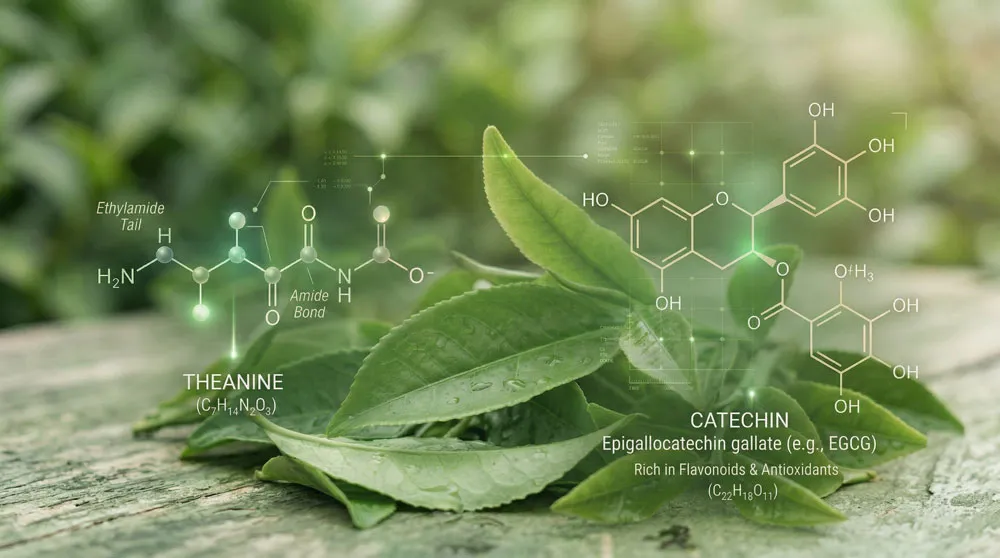 お茶のテアニンとカテキンの化学記号と茶葉