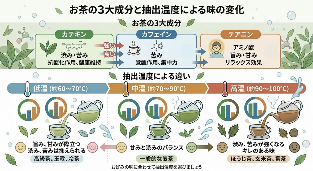 カテキン・カフェイン・テアニンの3大成分と抽出温度による味の変化を図解したインフォグラフィック