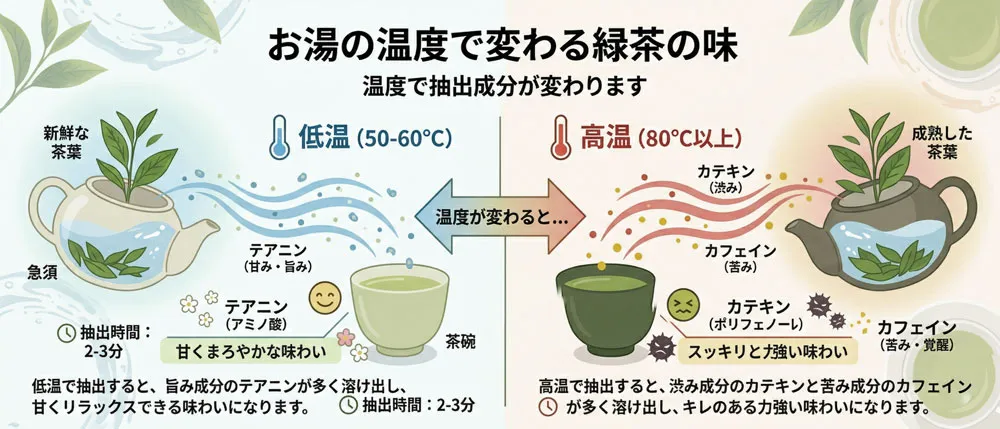 お湯の温度によって緑茶の味が変わることを示すインフォグラフィック
