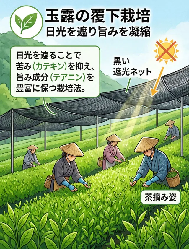 日光を遮るネットで覆われた玉露の茶畑