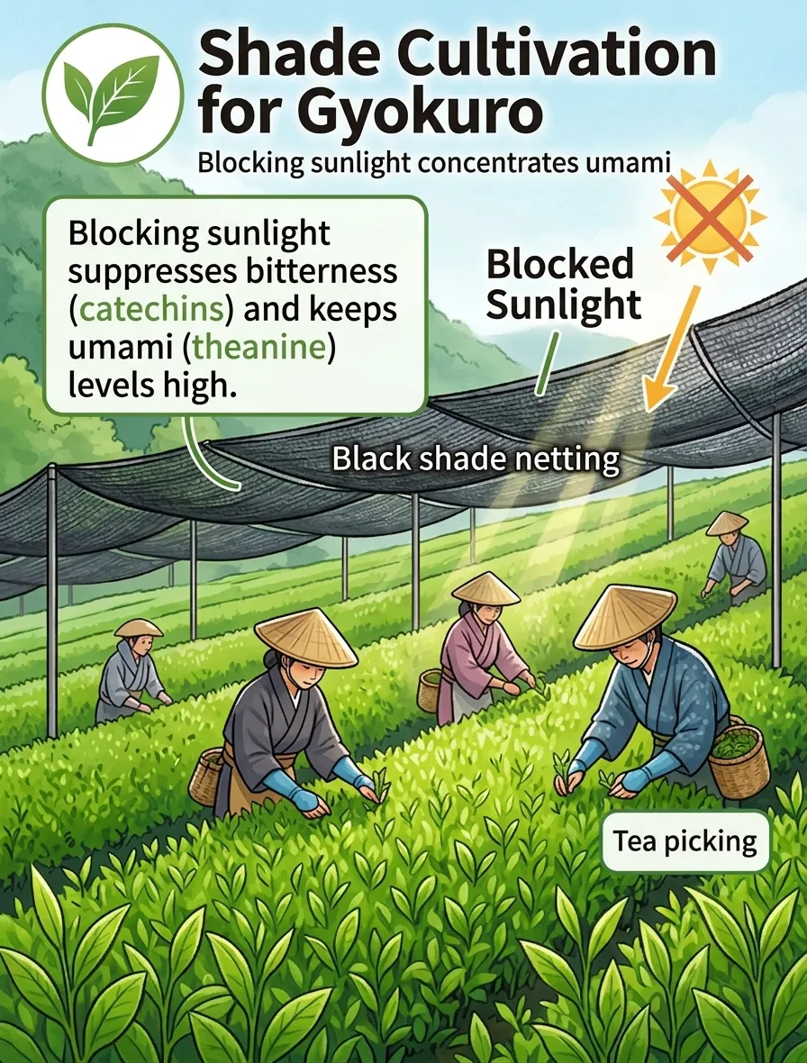 Infographic explaining gyokuro's shade cultivation: black netting blocks sunlight to suppress catechins (bitterness) and keep theanine (umami) levels high, with workers hand-picking tea beneath the shade