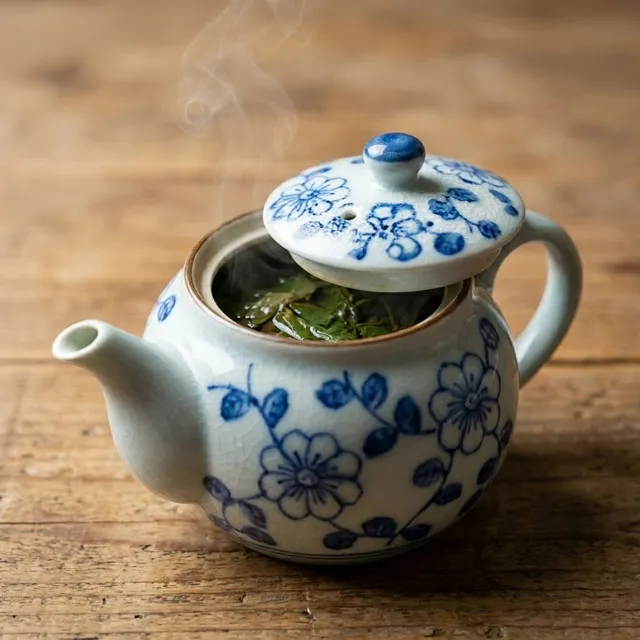 蓋を少しずらした急須と二煎目を待つ茶葉