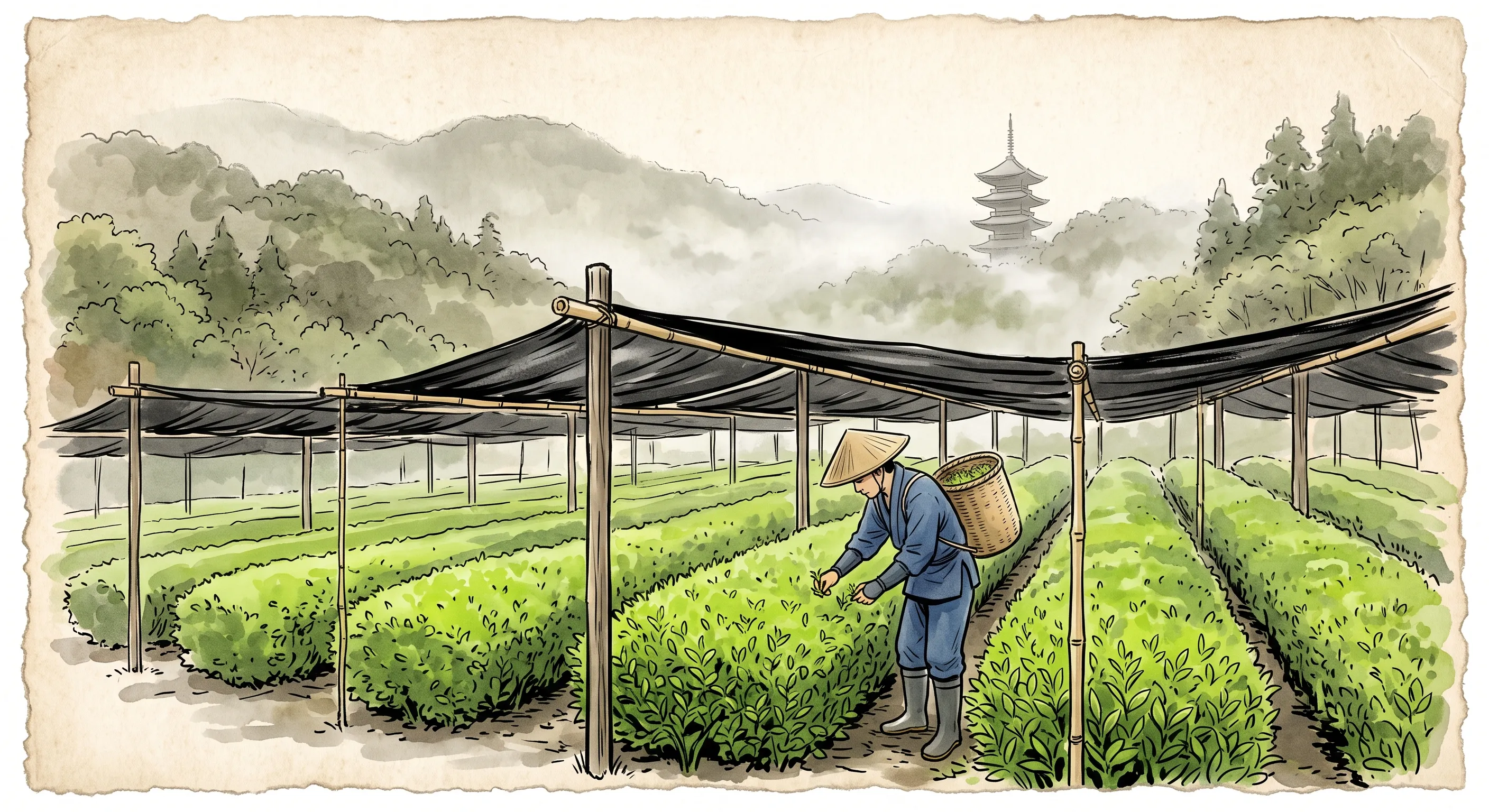 黒い覆いをかけた碾茶の茶畑で茶葉を手入れする農家のイラスト。背景に霞む山と五重塔。