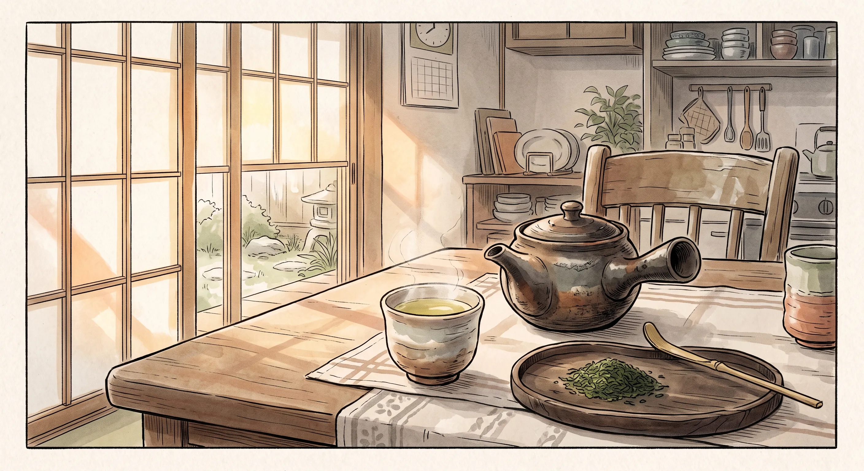 日本の台所で急須と湯のみに煎茶を淹れた静かな朝の情景イラスト