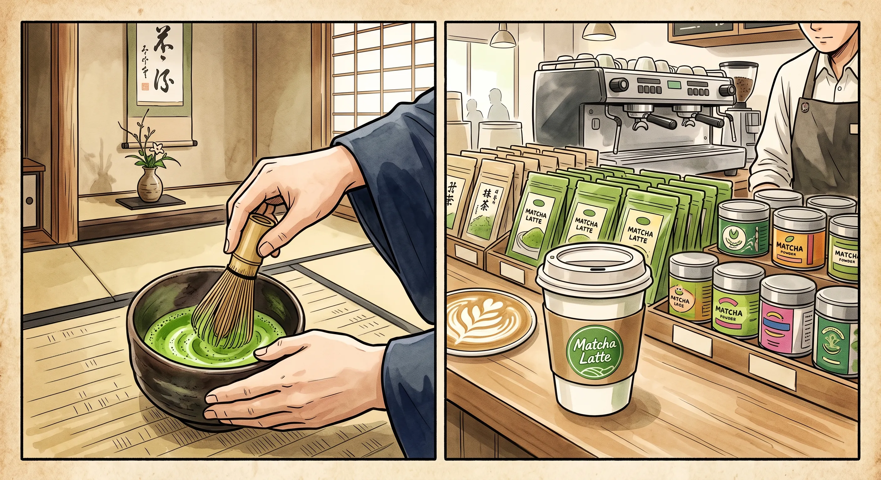 左：茶道の点前で茶筅を使い抹茶を点てる場面、右：カフェカウンターに並ぶ抹茶ラテと商業用抹茶製品——伝統と商業化の対比イラスト