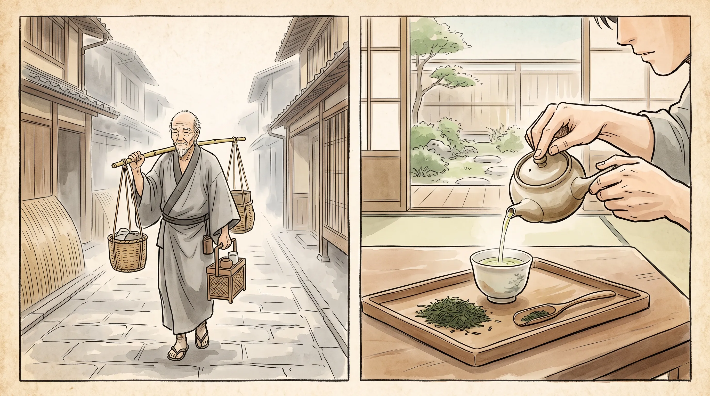 左：霧の京都を歩く売茶翁のイラスト、右：現代の急須で煎茶を注ぐ手——18世紀と現代をつなぐ「お茶を淹れる」という実践