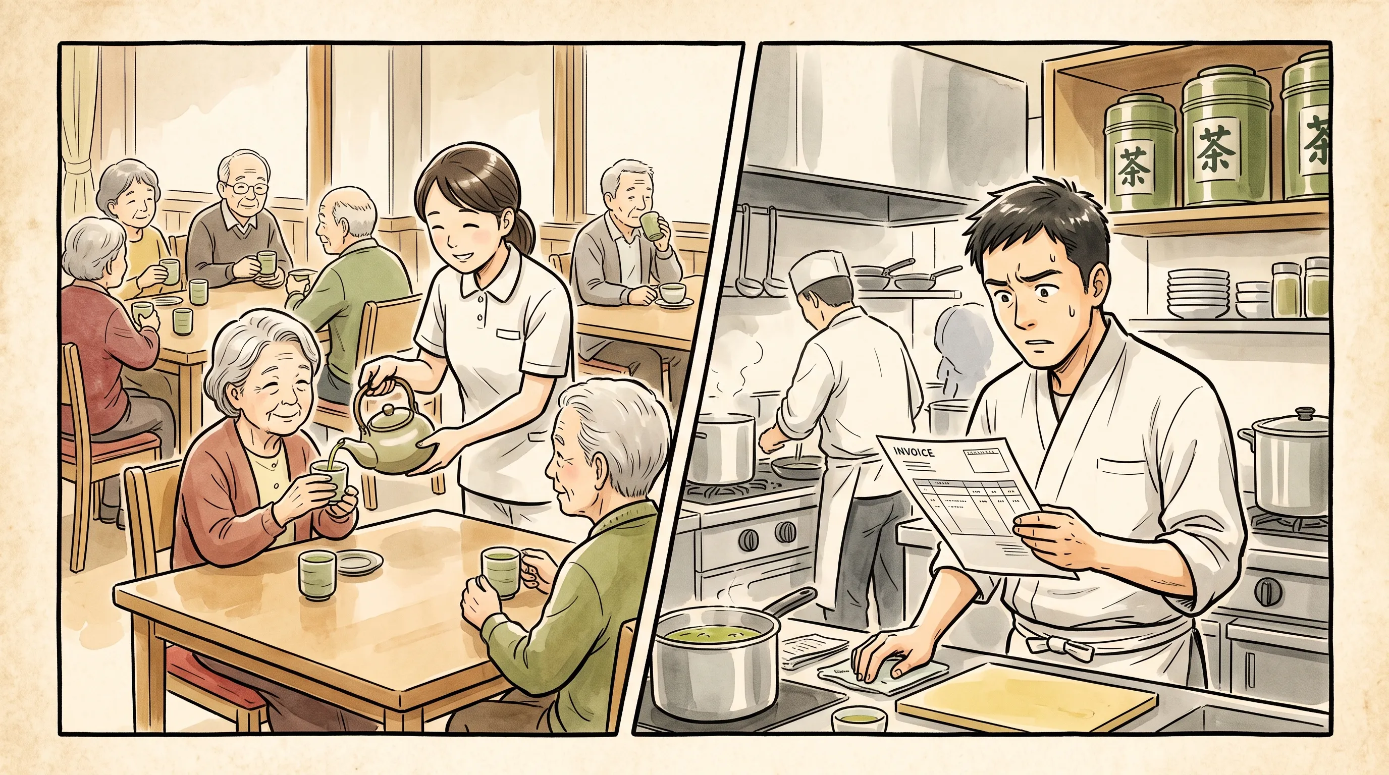 Split illustration: left, a care home where a staff member pours green tea for elderly residents; right, a restaurant chef looking concerned at an invoice, tea canisters visible on shelves behind — two institutions caught between rising costs and daily need