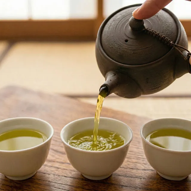 急須から複数の湯のみへ廻し注ぎをしている様子