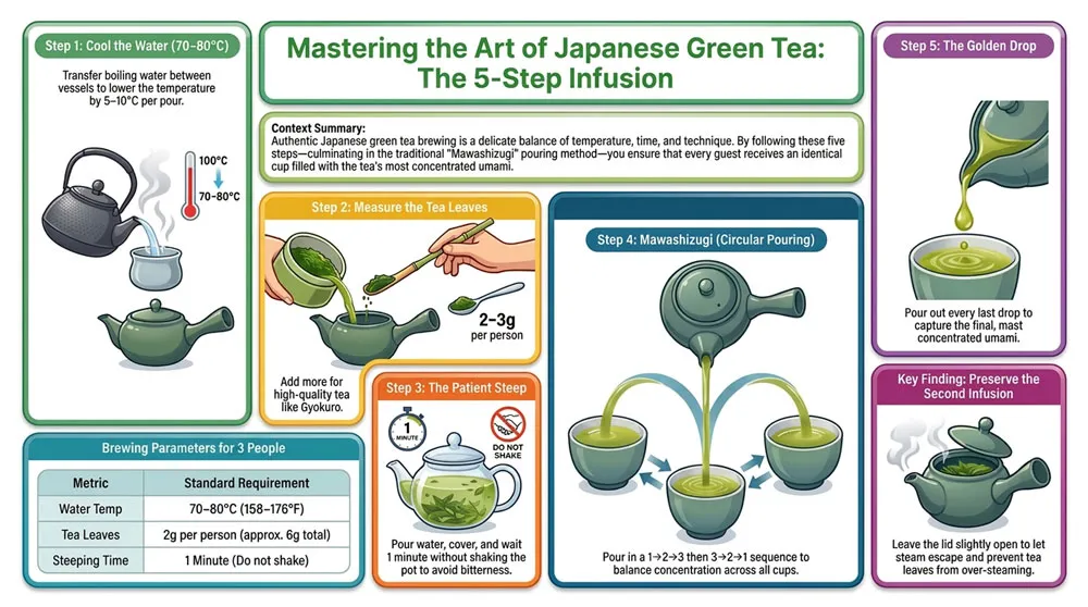 Illustrated guide showing the mawashi-tsugi pouring sequence (1→2→3→3→2→1) and the importance of pouring the teapot to the final golden drop