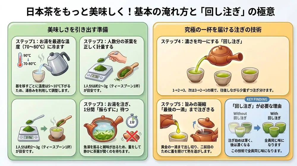 廻し注ぎの手順（1→2→3→3→2→1）と、急須の最後の一滴（ゴールデンドロップ）まで注ぎきる大切さを示した図解イラスト