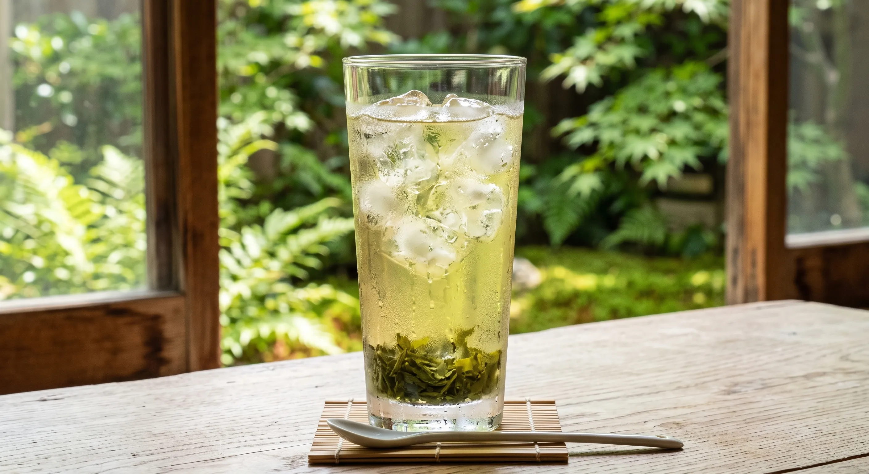 庭を望む窓辺で、氷と茶葉が沈んだグラスに注がれた水出し緑茶