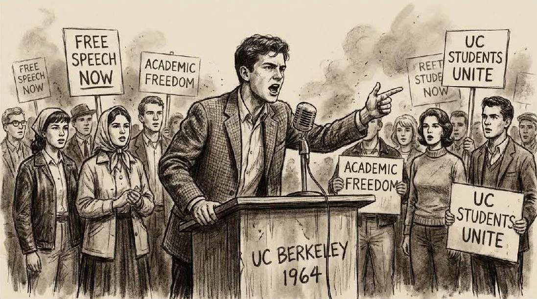 Illustration of Mario Savio addressing a crowd of students at UC Berkeley in 1964, protesters holding signs around him