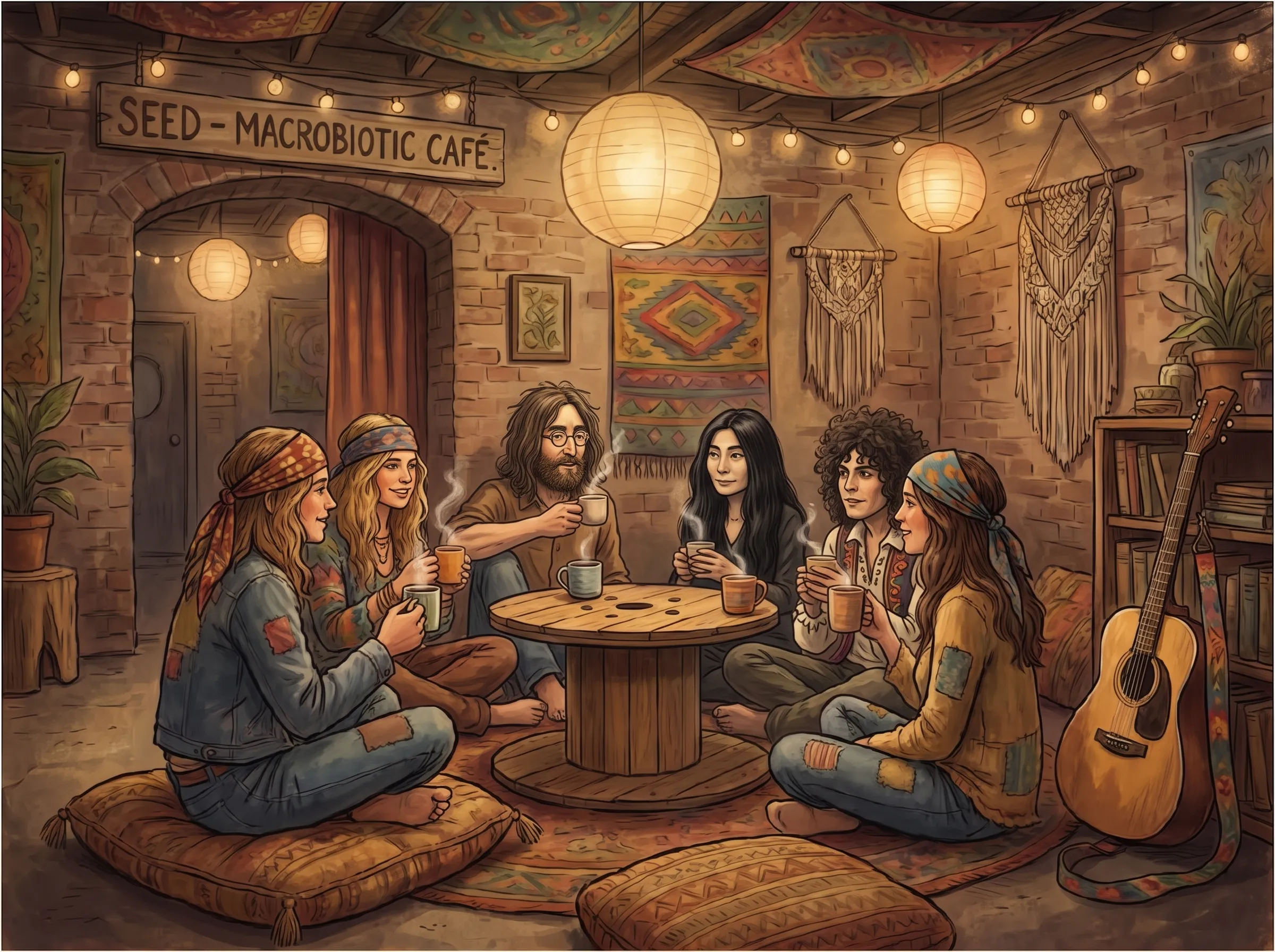 Illustration of young people sitting on cushions around a circular cable-drum table at the Seed macrobiotic café in London