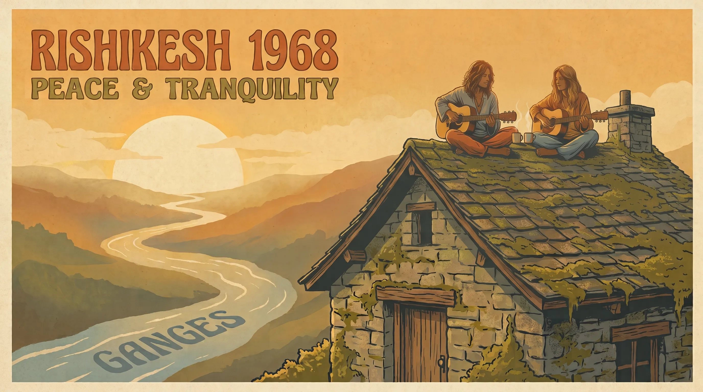 Illustration of two musicians playing acoustic guitar on a cottage rooftop in Rishikesh at dusk, the Himalayas visible in the background