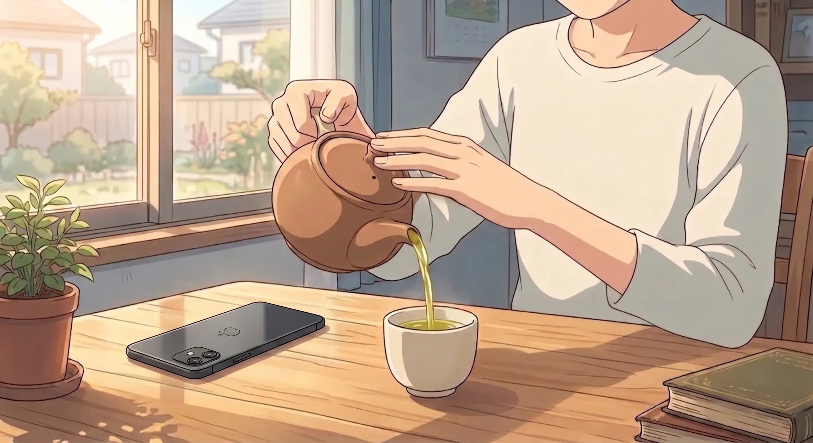 Illustration of a young person brewing tea in a kyusu teapot beside a face-down smartphone, soft morning light through the window
