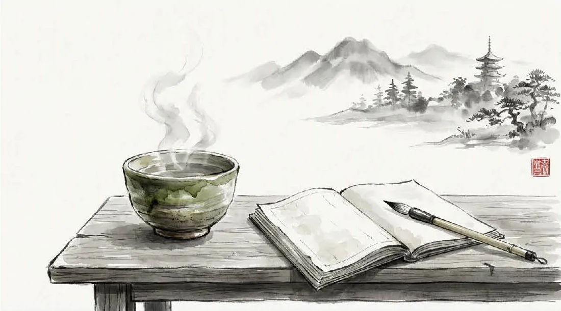 Ink-wash style illustration of a steaming tea bowl beside an open book