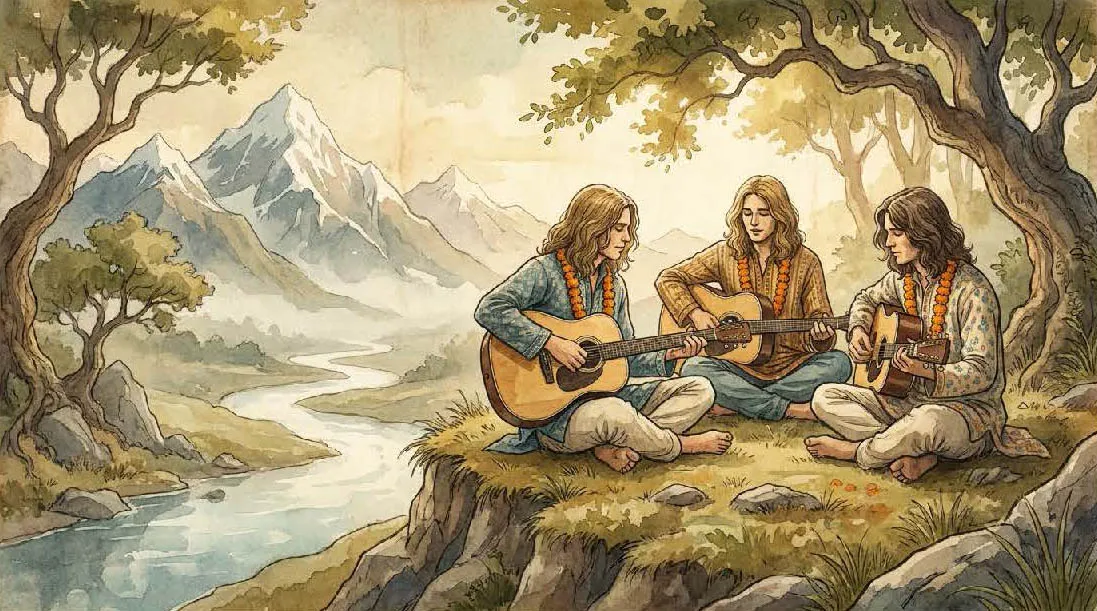 Illustration of three young musicians playing acoustic guitars near an ashram in Rishikesh, marigold garlands around their necks, Himalayan cliffs in the background