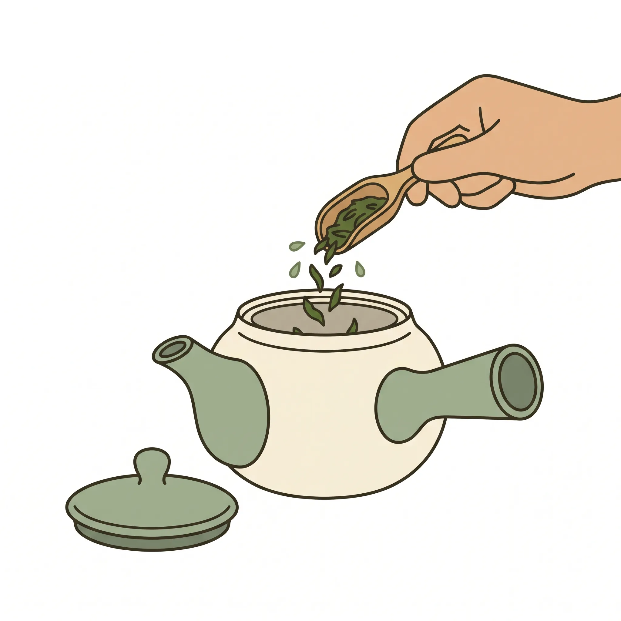 茶匙で茶葉を平型急須に入れる様子のイラスト