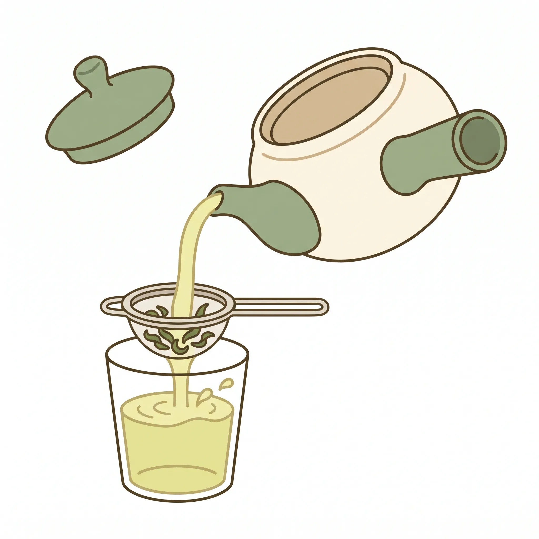 茶こしで茶葉を漉しながらグラスに注ぐ様子のイラスト