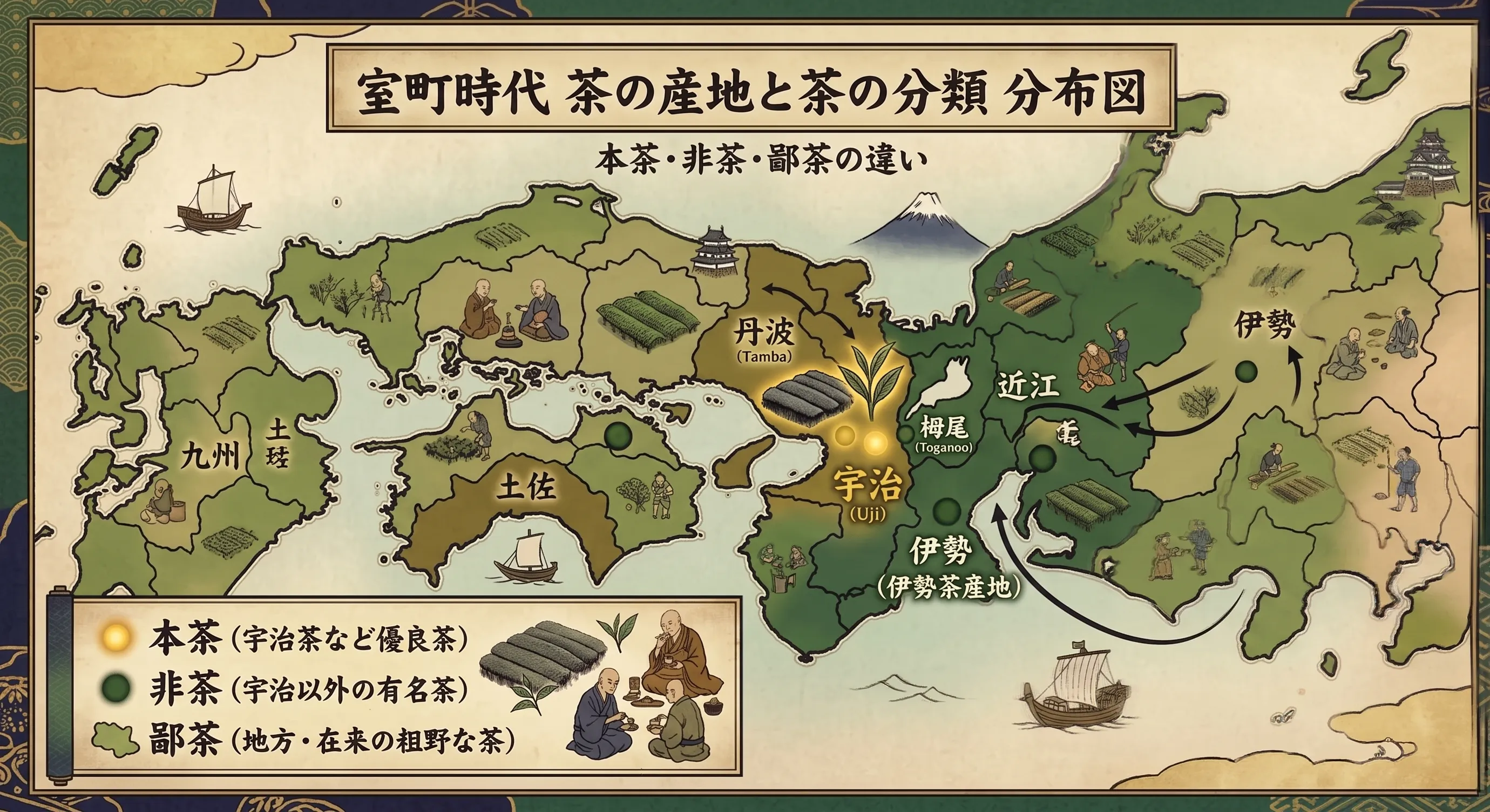 室町時代の茶の産地と本茶・非茶・鄙茶の分布図