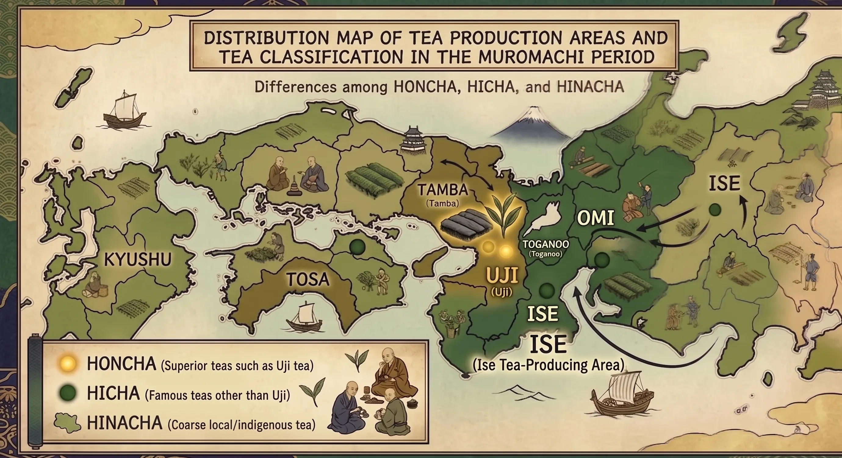 Map showing the distribution of tea-producing regions and the honcha, hicha, and hinacha classification in the Muromachi period