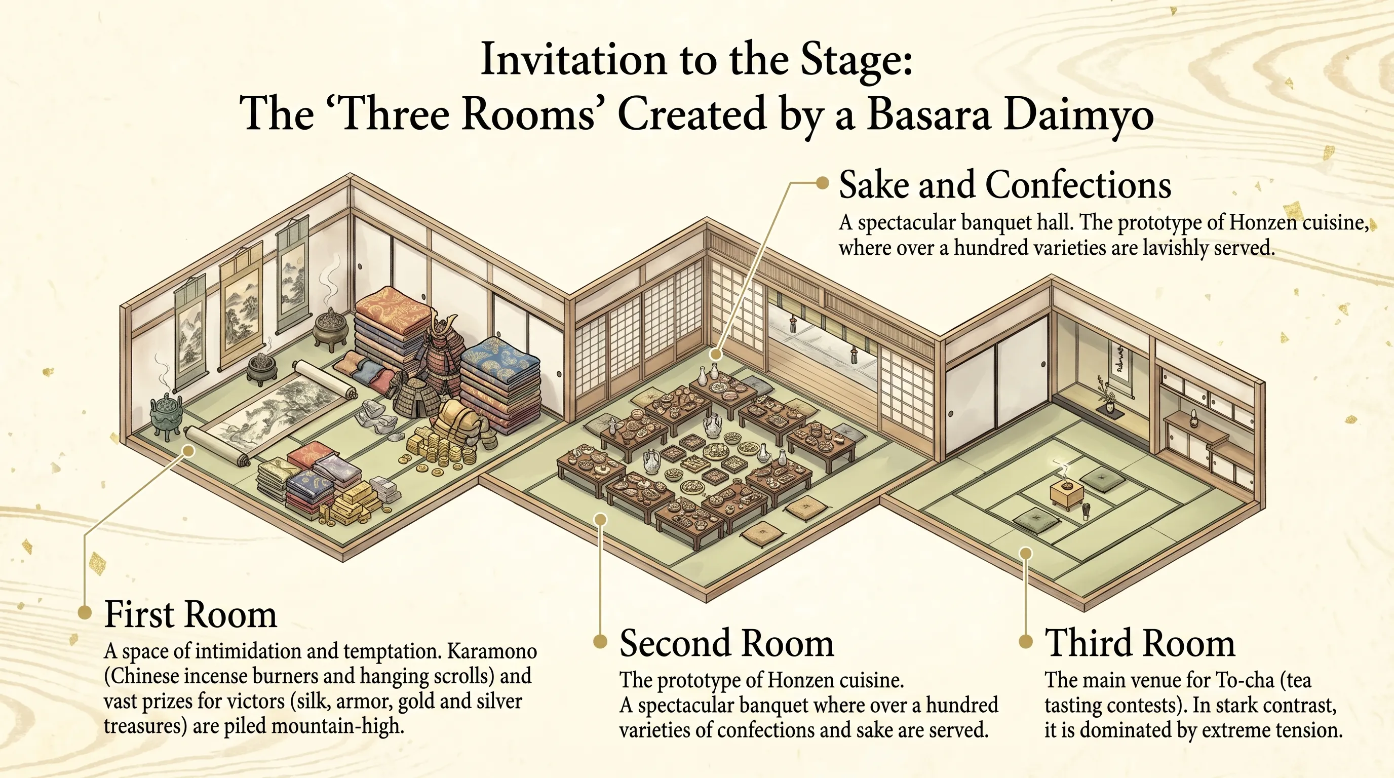 Diagram of the three-room layout staged by the basara daimyo Sasaki Dōyo for a tōcha gathering