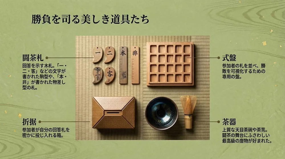 闘茶の道具一式：闘茶札・式盤・折据・天目茶碗