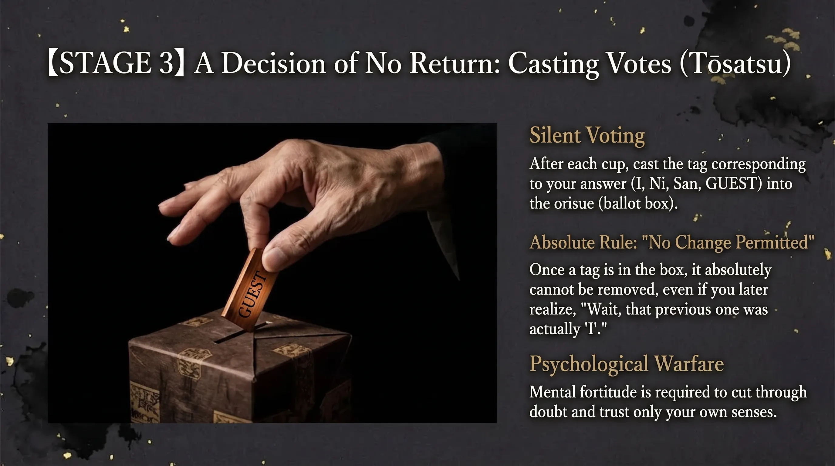 A hand casting a Guest tag into the orisue voting box — a decision that cannot be undone