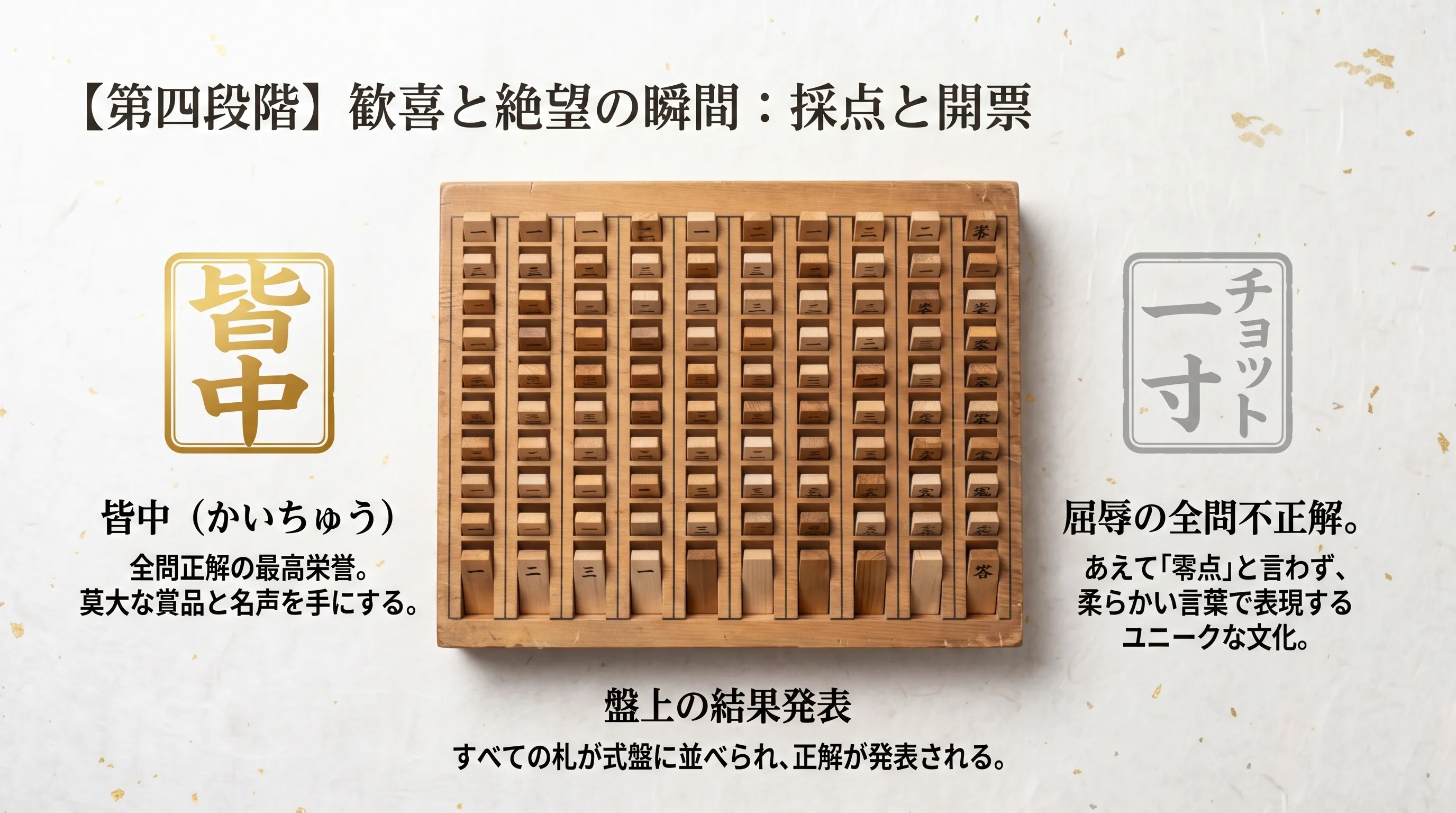 式盤に並べられた闘茶の札と判定結果——皆点（全問正解）とチョット（全問不正解）