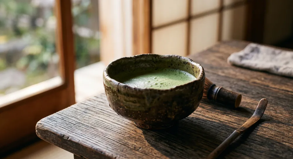 窓辺の木の机の上、光の差し込む中で湯気を立てる不揃いな抹茶碗